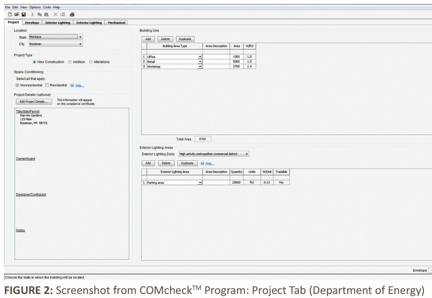 FIGURE 2: Screenshot from COMcheck<sup>™</sup> Program: Project Tab<br />
(Department of Energy)”>
    </div>
<p>Metal buildings are unique in how they are constructed and insulated, which is why both the ASHRAE standard and IECC have sections and assemblies specific to metal buildings. COMcheck<br />
offers the same option, with a section specifically for metal buildings. In terms of meeting building standards, there are 2 main approaches. The first is the prescriptive approach, which<br />
architects and specifiers often use to meet the envelope requirements. The prescriptive approach meets all portions of the codes by U-factor and allows no trade-offs. Alternatively,<br />
individuals can use the trade-off approach, which is the method supported by COMcheck software. Many construction professionals choose this method because it allows them more flexibility<br />
in their building process. Utilizing a trade-off approach, a construction professional could increase the performance of the roof or wall U-factor, and then follow a less stringent<br />
standard for other, less crucial areas of the envelope. For example, many codes require both a single layer of fiberglass and a continuous (board) insulation to be installed in a<br />
structure’s walls. However, this is not always possible or cost-effective. Using the trade-off method, builders can increase the roof insulation to surpass the required U-factor, allowing<br />
them to put only a single layer in the walls and be compliant.</p>
<p>COMcheck was welcomed by many architects and metal building contractors as a path to compliance and a way to simplify a sometimes confusing energy code. Additionally, the software<br />
offers an opportunity to substantiate and ensure the energy efficiency of metal buildings. COMcheck has an envelope-only option for metal building contractors, and many contractors can<br />
obtain a building permit based on passing the envelope-only codes. COMcheck also has lighting and HVAC options, if additional code compliance certificates are needed for these disciplines.
</p>
<p>To access the envelope-only option, users can click on the “Envelope” tab on COMcheck’s opening screen (see Figure 1 above). This tab contains many drop-down lists that address various<br />
assemblies of the envelope. It may be tempting to use the default values in many areas, as this information may not be available. Unfortunately, this can often cause the envelope to fail<br />
to meet standards because the default values are very low on fenestrations, doors, overhead, and pass doors. By using products that have performance levels above the default values,<br />
construction professionals can begin the trade-off process that will allow them to obtain compliance. (See the sidebar “COMcheck Walkthrough,” on page 10, for more details on running a<br />
COMcheck report.)</p>
<div style=